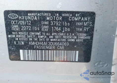 2013 Hyundai Elantra Limited z USA, uszkodzony, nr VIN KMHDH4AE3DU664069
